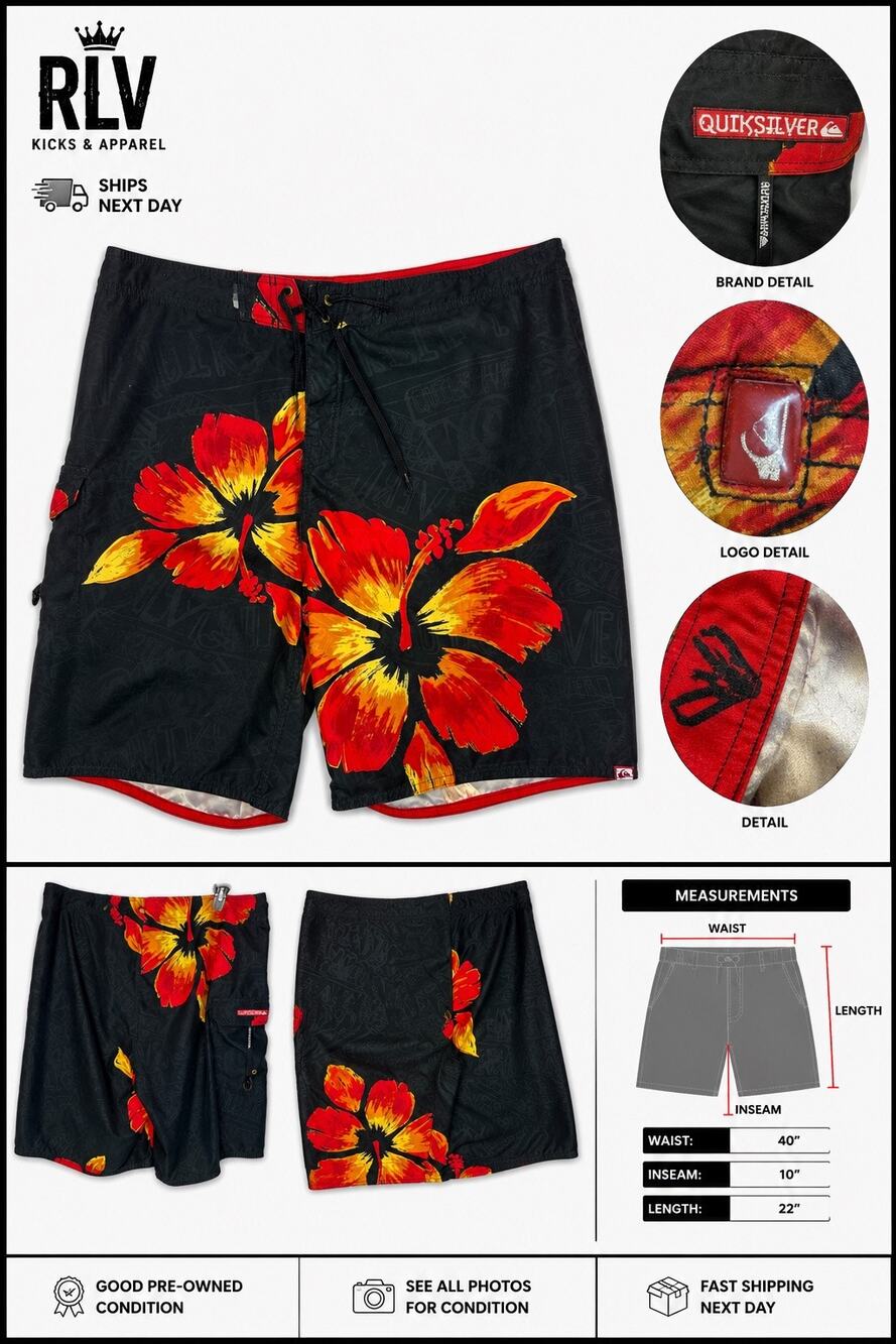 Quiksilver Hibiscus Floral Board Shorts Surf Swim Trunks Black Red 40x22 Y2K